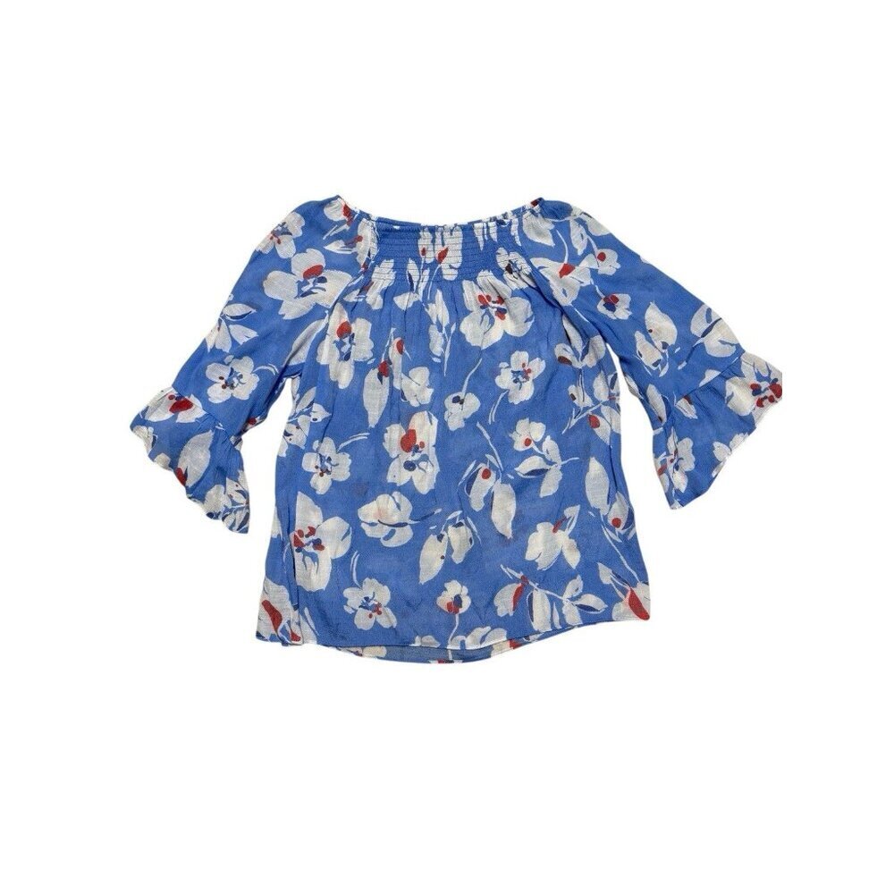 Zac & Rachel Blue Floral Peasant Blouse XL Smocked Neck Boho Top - Picture 3 of 4